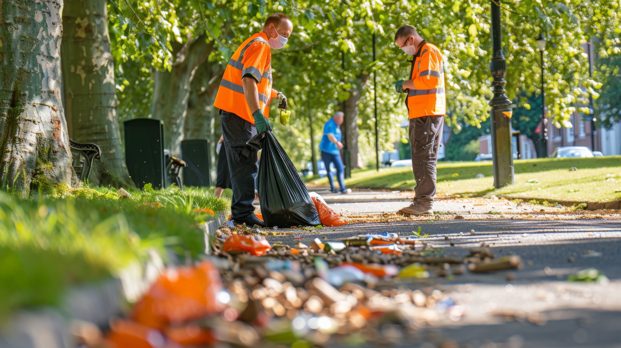 Waste management crew cleaning up litter in public parks